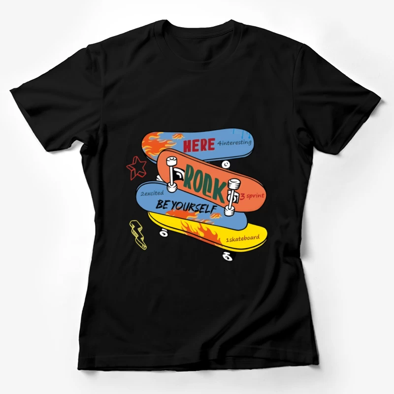 Skateboard-Design mit Flammen und Text Damen T-Shirt