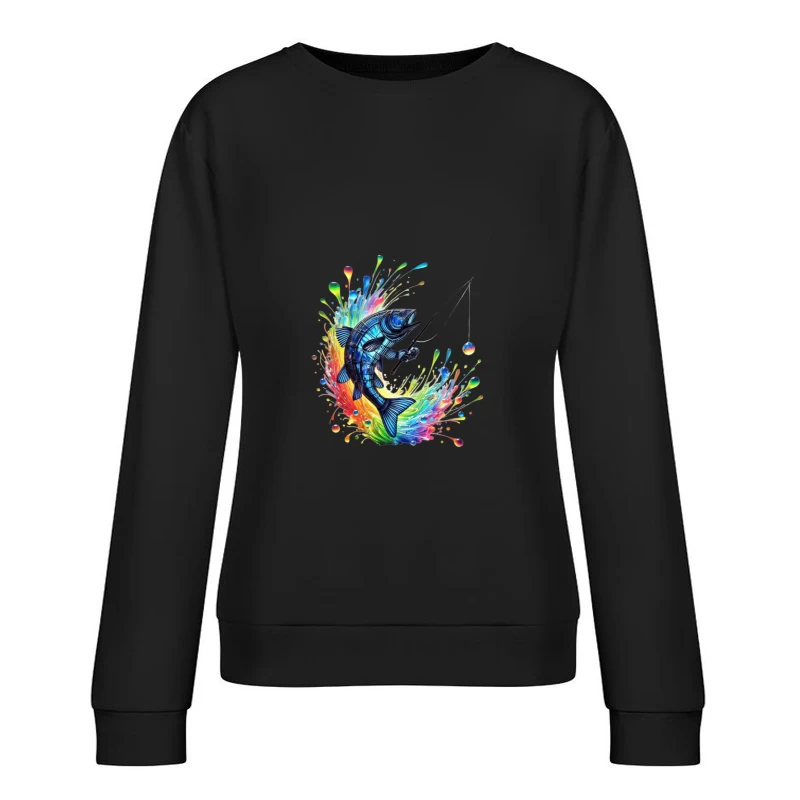 Rainbow Splatter Fish with Fishing Rod Art Female Pullover Sweatshirt