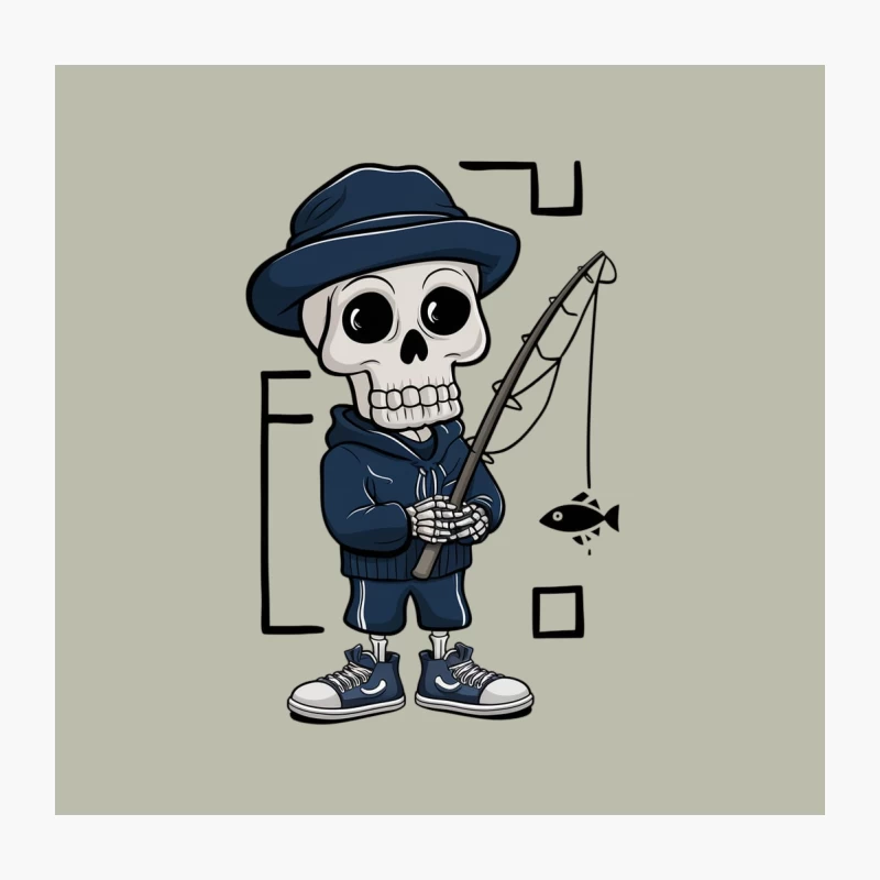 Cute Cartoon Skull Character in Blue Fishing Outfit Throw Pillow