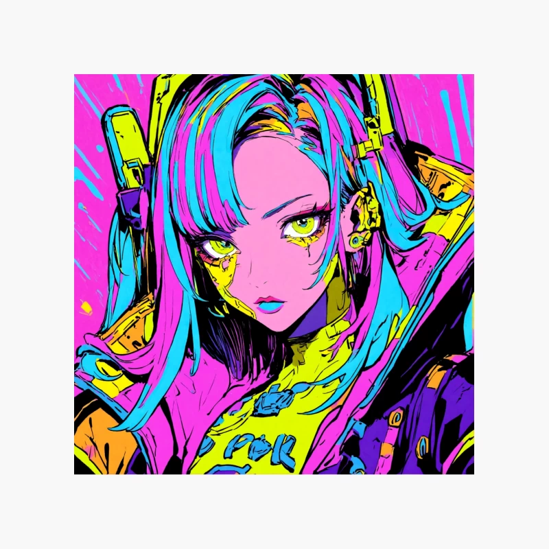Neon Cyberpunk Anime Girl in Vibrant Digital Art Cotton Tote Bag
