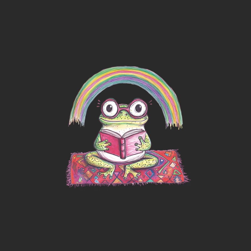 Whimsical Frog Reading Under a Rainbow Baseball Cap