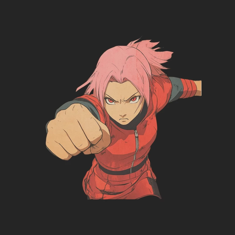 Pink-Haired Anime Fighter in Red Ready for Action Male Pullover Sweatshirt