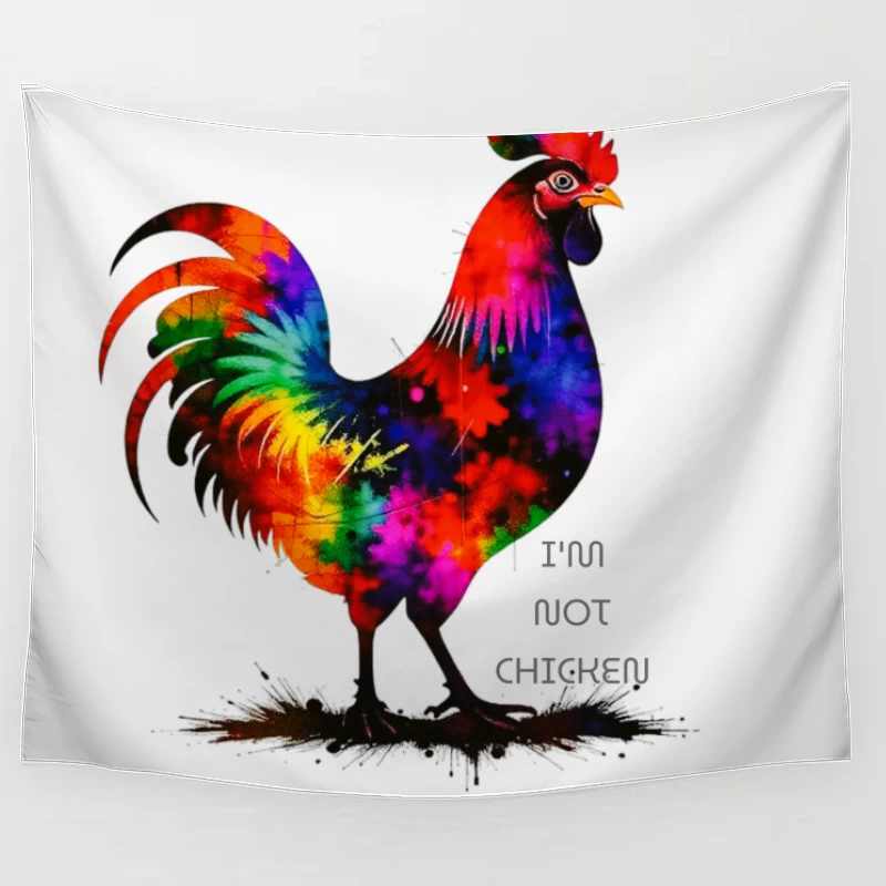 Rainbow Watercolor Rooster with Text Tapestry