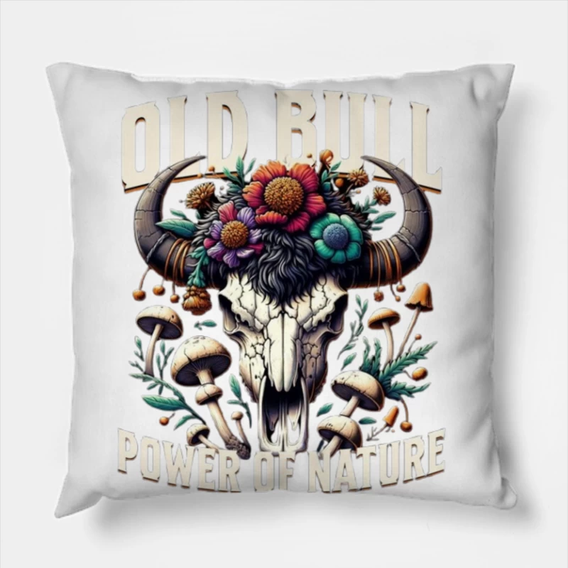 Floral Adorned Buffalo Skull: Power of Nature Throw Pillow