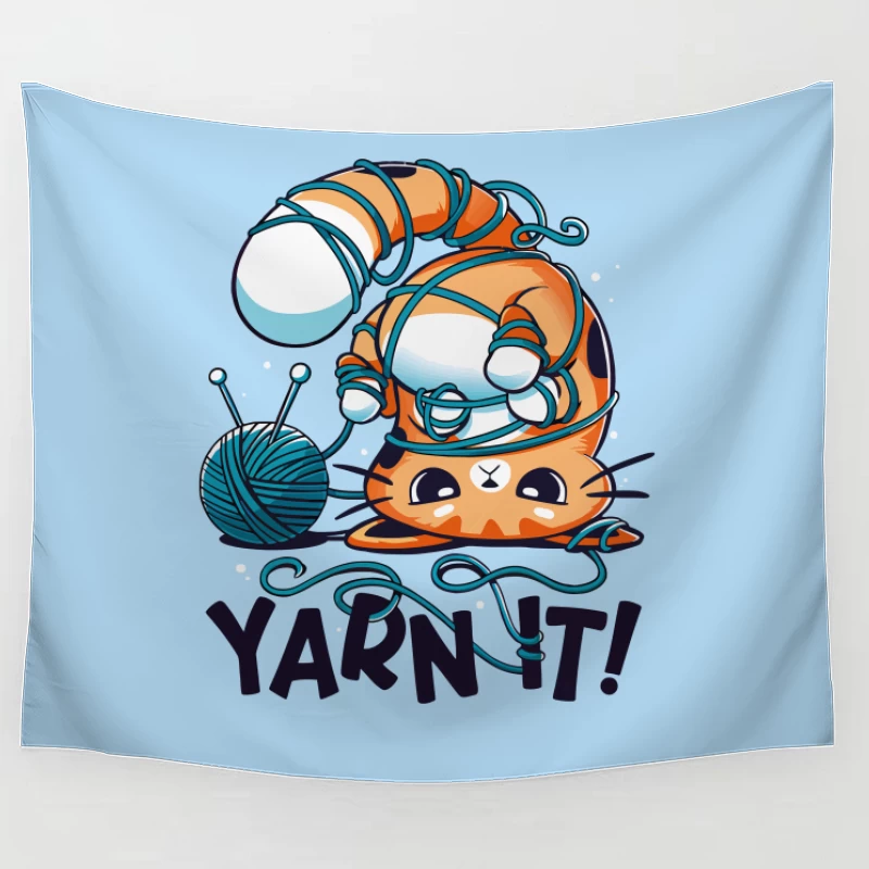 Yarn It! Whimsical Cat Illustration Tapestry