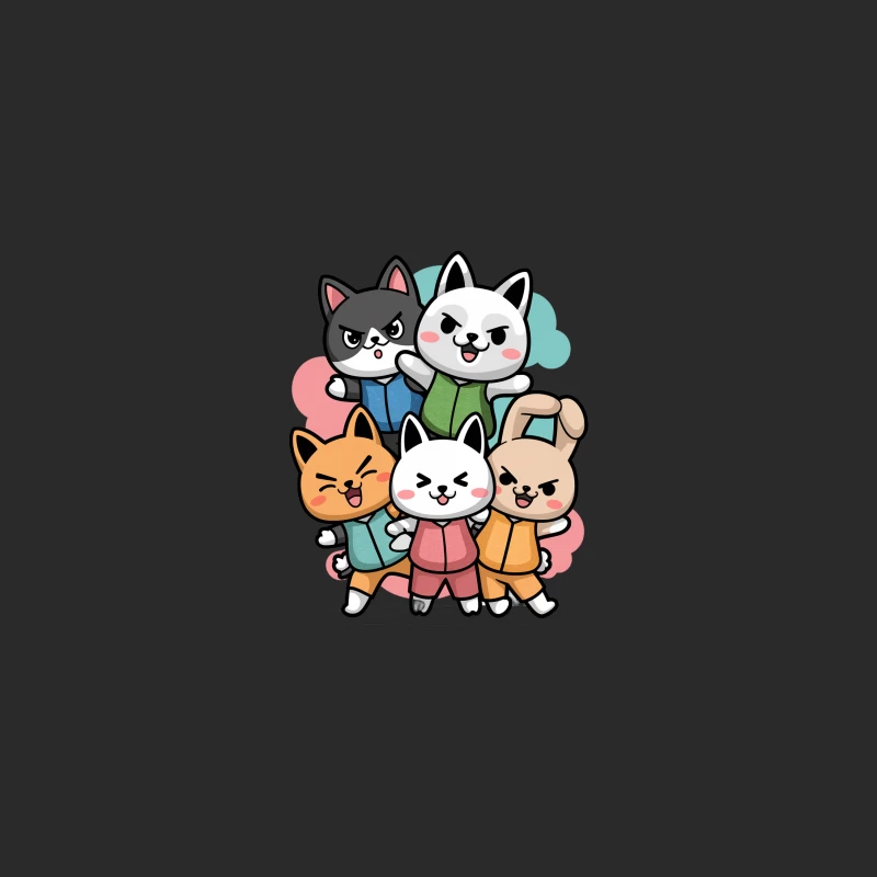 Adorable Animated Animal Friends: Kawaii Cat and Bunny Group Portrait Baseball Cap