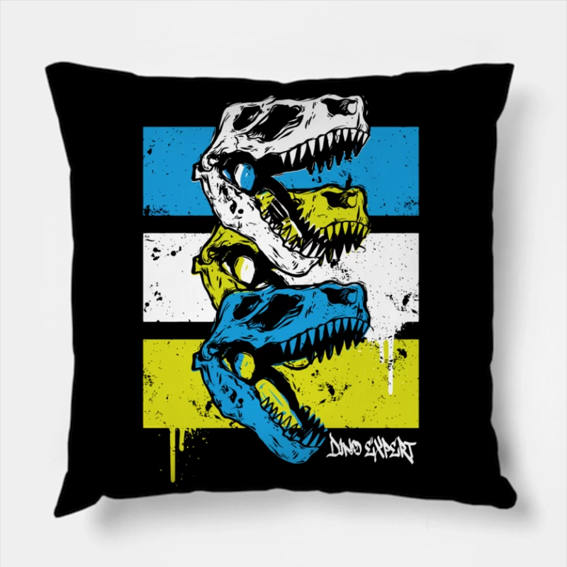 Layered T-Rex Skulls: Grunge Street Art Aesthetic Throw Pillow