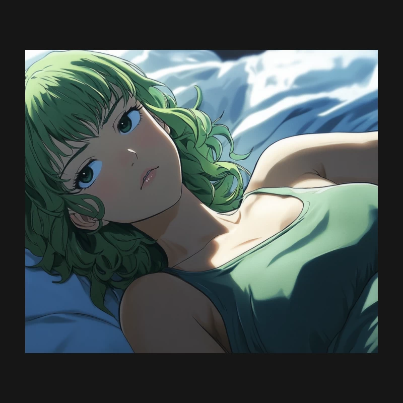 Sleepy Anime Girl with Green Hair Resting in Sunlit Bedroom Mouse Pad