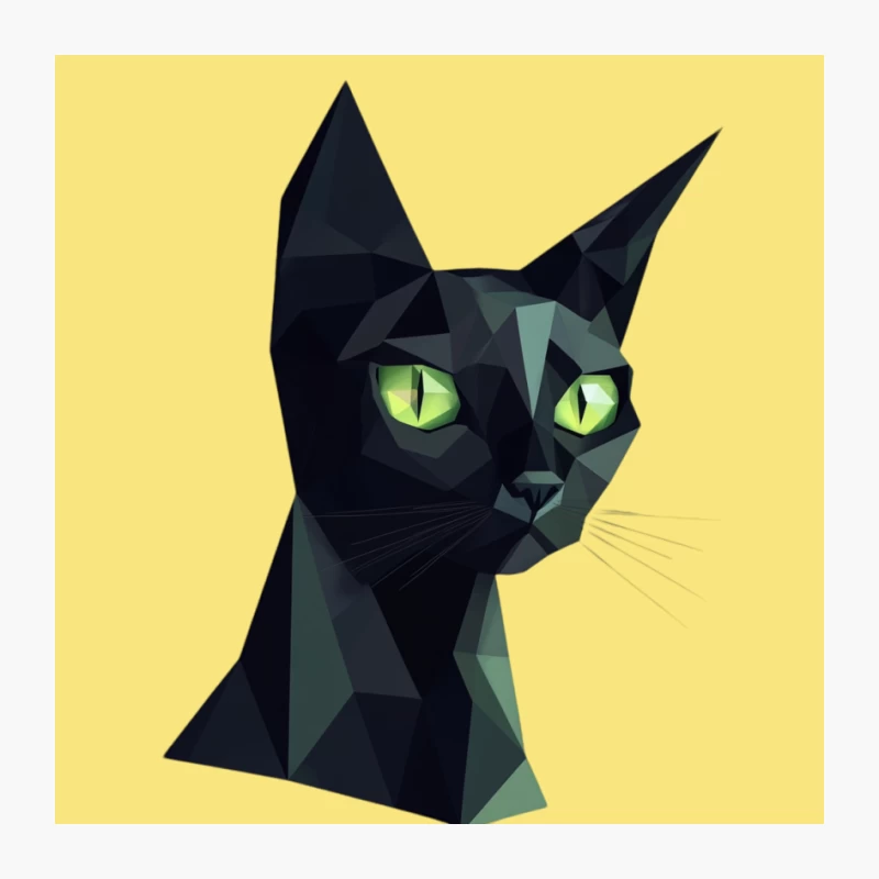 Geometric Black Cat with Glowing Green Eyes: Modern Polygon Art Pin