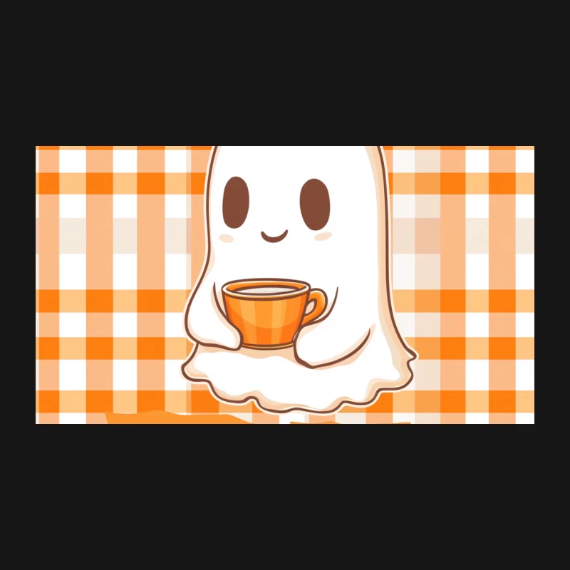 Cute Halloween Ghost with Coffee on Orange Gingham Background Desk Mat