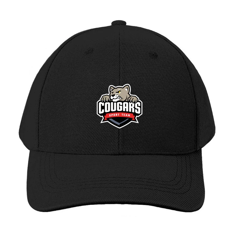 Fierce Cougar Sports Team Logo with Red Banner Baseball Cap