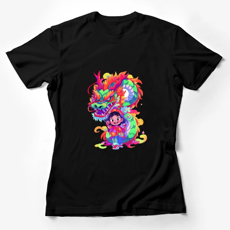 Fröhliches Kind mit farbenfrohem Drachen Damen T-Shirt