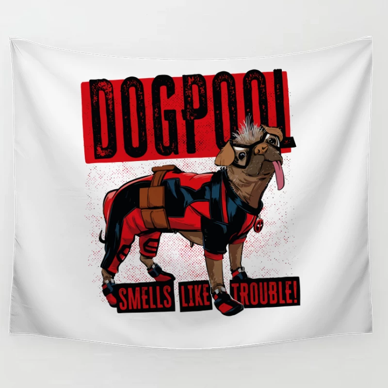 Funny "Dogpool" Pug Superhero Comic Style T-Shirt Design Tapestry