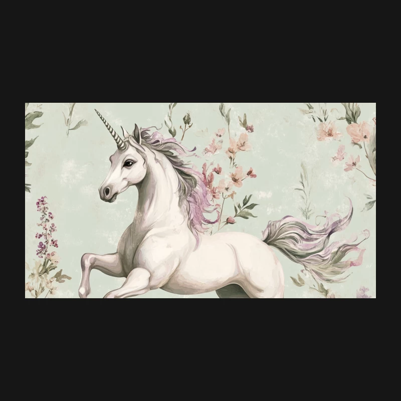 Whimsical Unicorn Prancing in Pastel Floral Fantasy Desk Mat