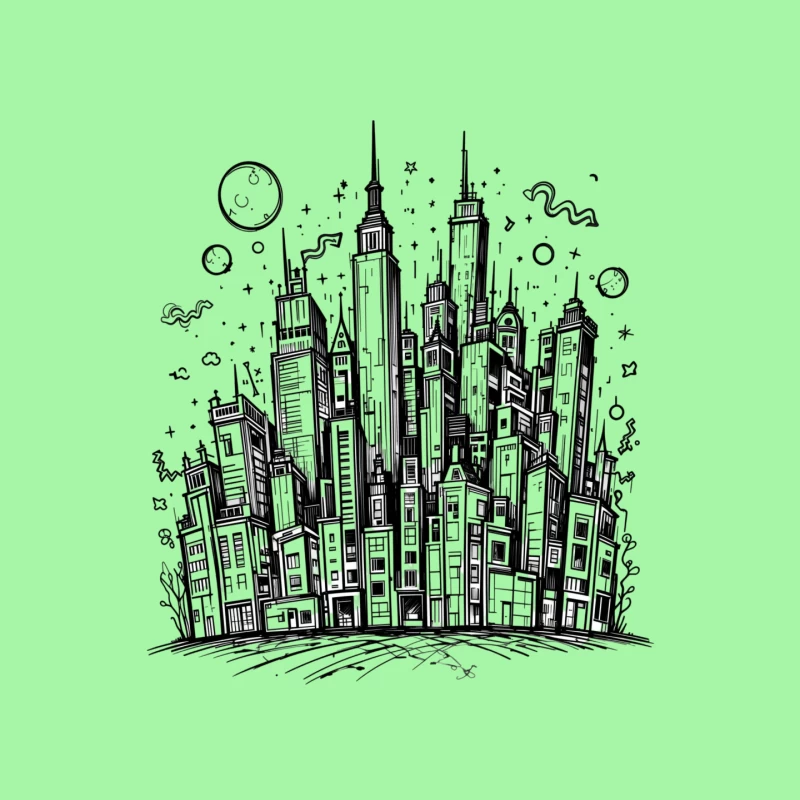 Urban Black and White Cityscape Illustration Mouse Pad