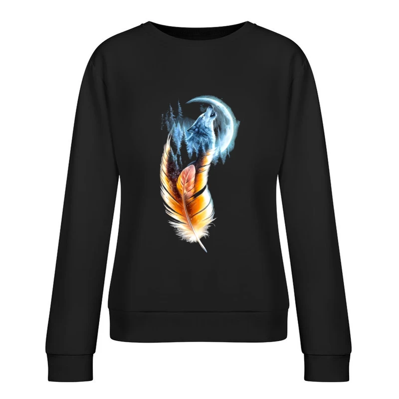 Fantasy Wolf Howling at the Crescent Moon Female Pullover Sweatshirt