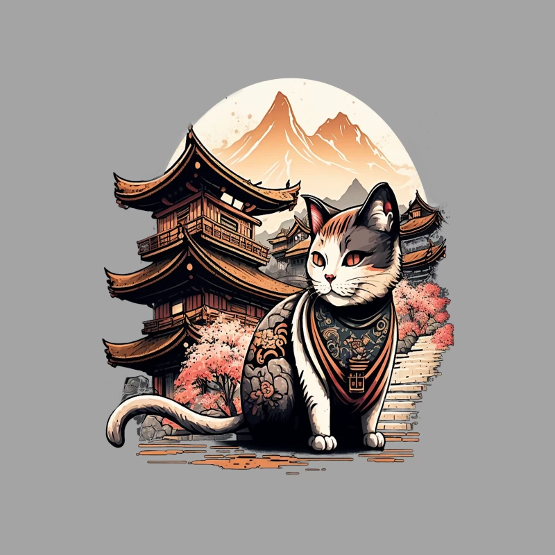 Cat samurai japanese architecture mountains asian culture fantasy Male T-Shirt