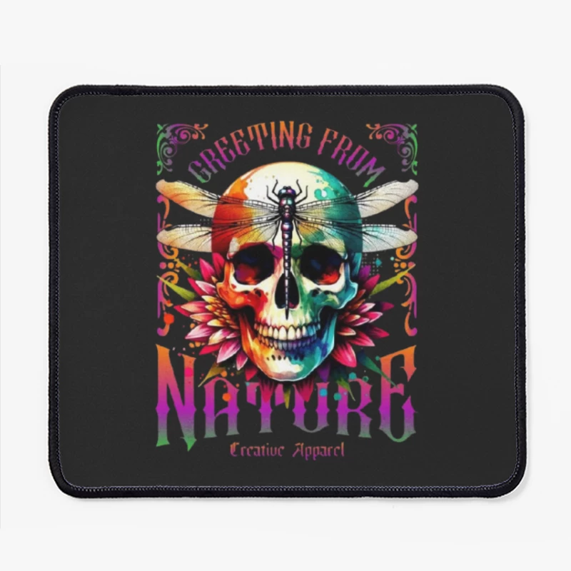 Rainbow Gothic Skull with Dragonfly and Floral Design - Nature Creative Apparel Mouse Pad