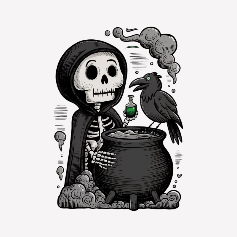 skeleton cauldron raven potion gothic cartoon halloween spooky Female T-Shirt