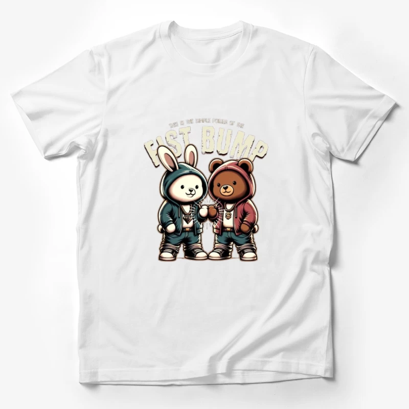 Cartoon Bunny and Bear Friends in Hip Hop Streetwear Sharing a Fist Bump Male T-Shirt