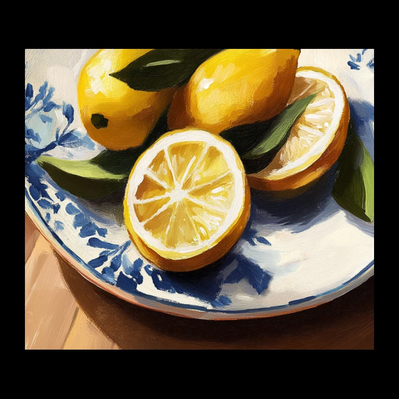 Vibrant Lemon Still Life Painting on Blue and White Plate Tapestry