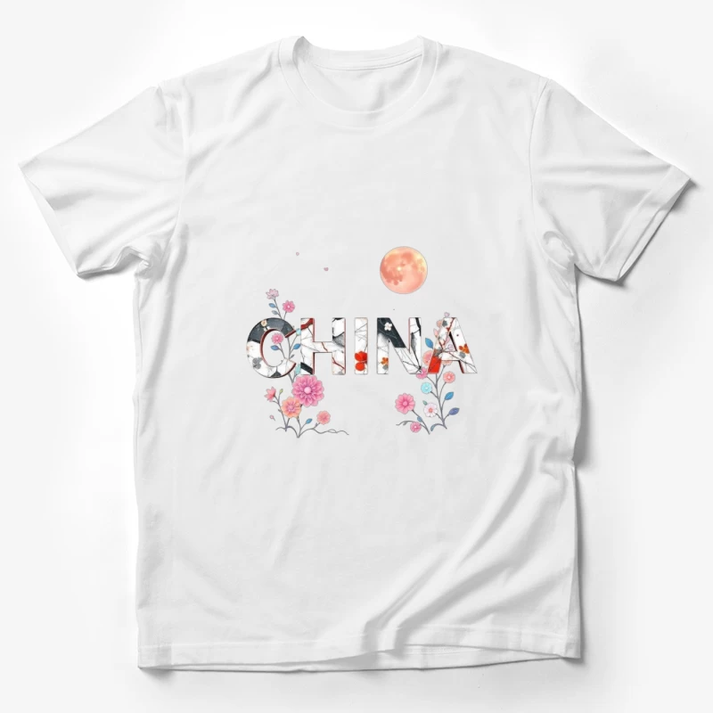 Floral Chinese Typography with Pink Moon and Cherry Blossoms Male T-Shirt