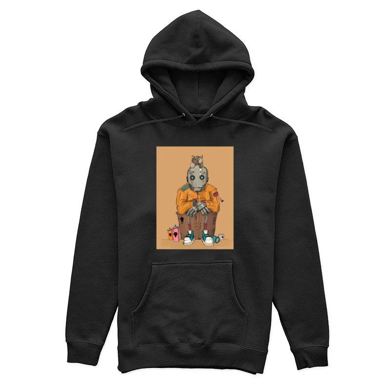 Urban Robot with Cat in Street Art Style Female Pullover Hoodie