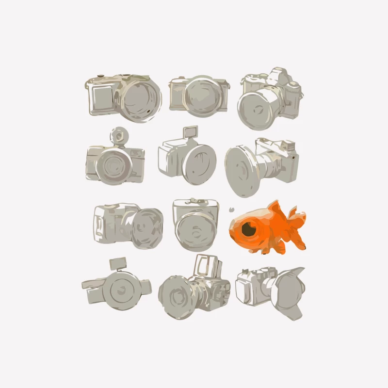 Illustrated Camera Sketches with Goldfish Accent Male T-Shirt