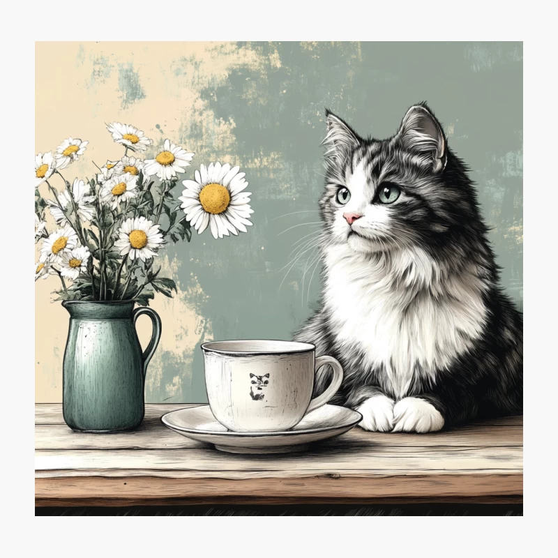 Rustic Still Life with Cat, Daisies, and Teacup Throw Pillow
