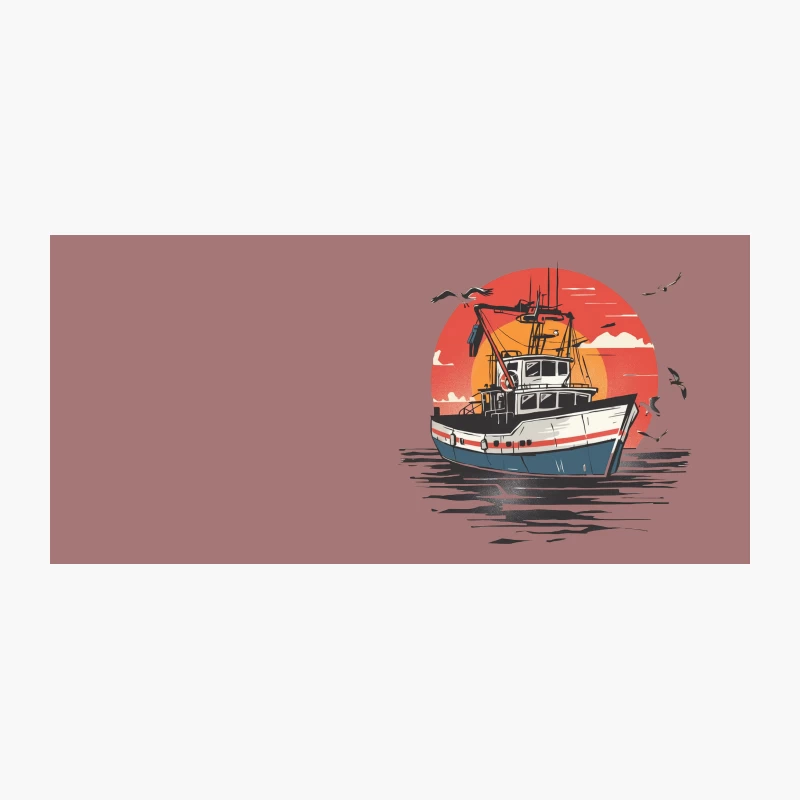 Vintage Illustration of Fishing Boat at Sunset with Seagulls Coffee Mug