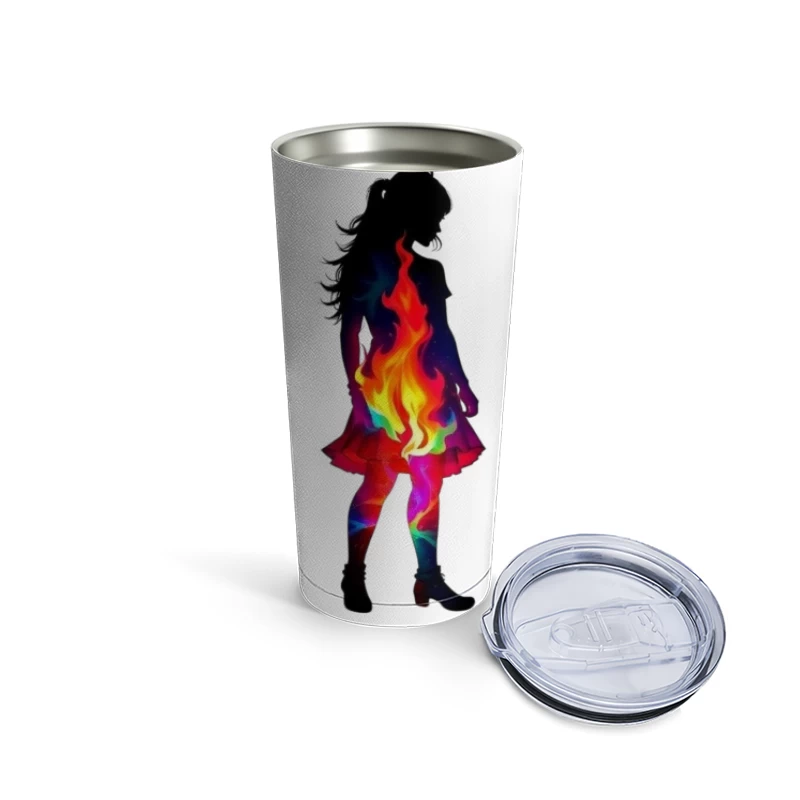 Vibrant Rainbow Fire Silhouette of Woman in Dress Travel Mug