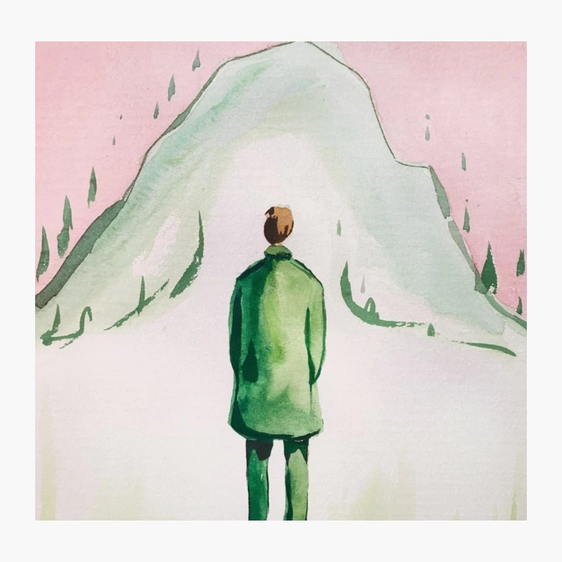 Solitary Figure Contemplating Mountain Landscape Throw Pillow