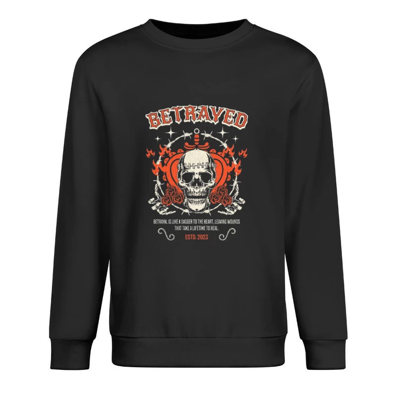 Vintage Gothic Skull with Roses and Betrayed Typography Design Male Pullover Sweatshirt