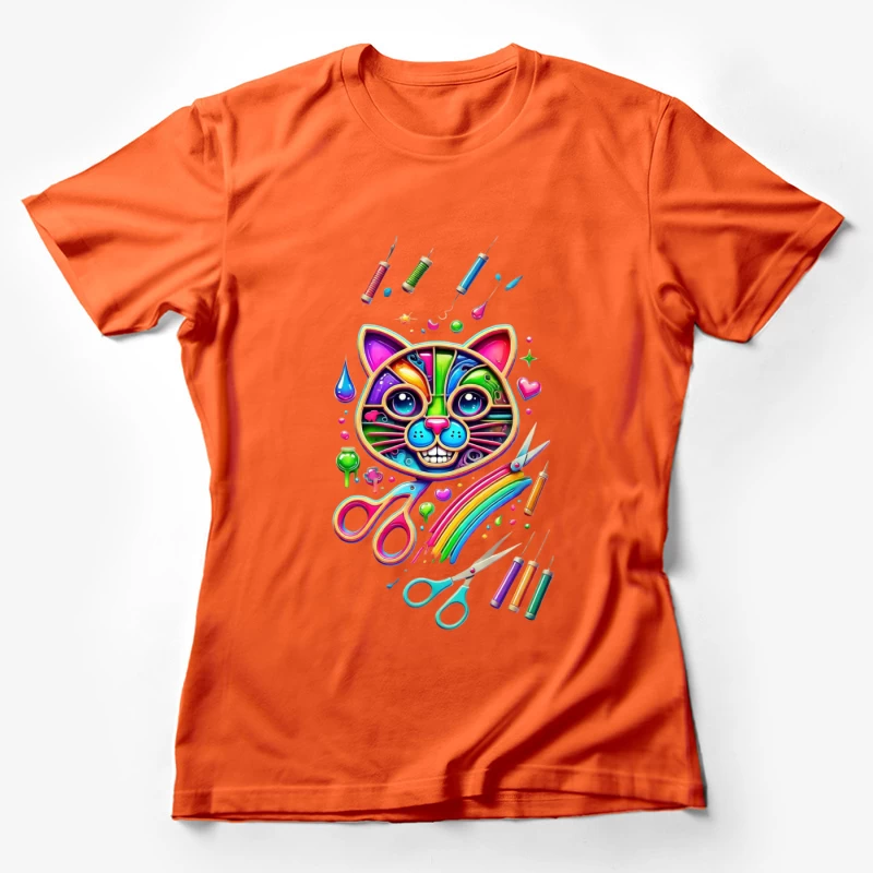 Rainbow Pop Art Cat with Creative Art Supplies Female T-Shirt