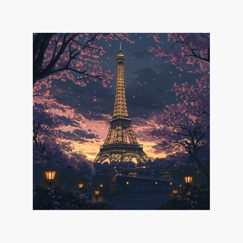 Romantic Parisian Sunset: Eiffel Tower Framed by Cherry Blossoms Cotton Tote Bag