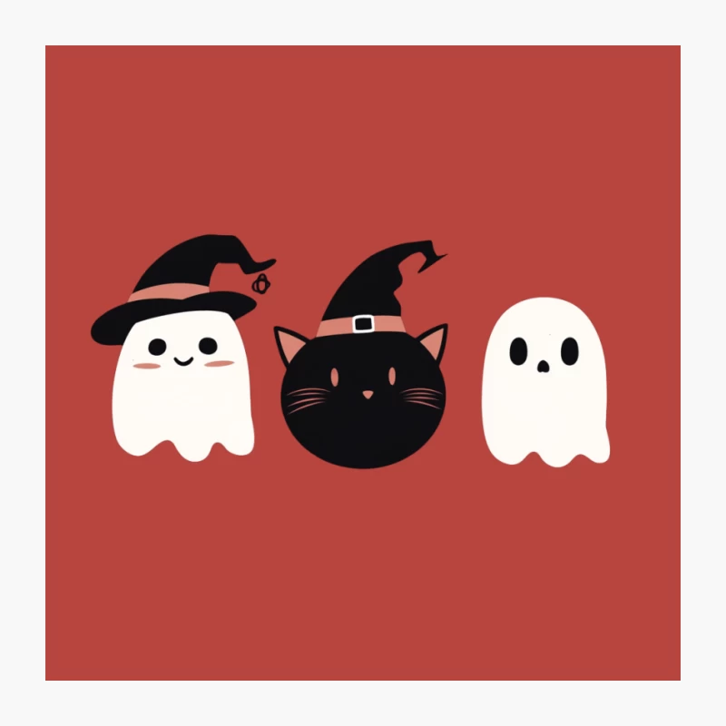 Cute Halloween Ghosts and Cat with Witch Hats Pin