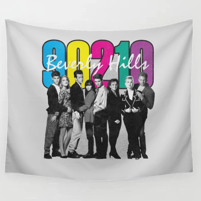 Beverly Hills 90210 Retro TV Show Cast Photo with Colorful Logo Tapestry