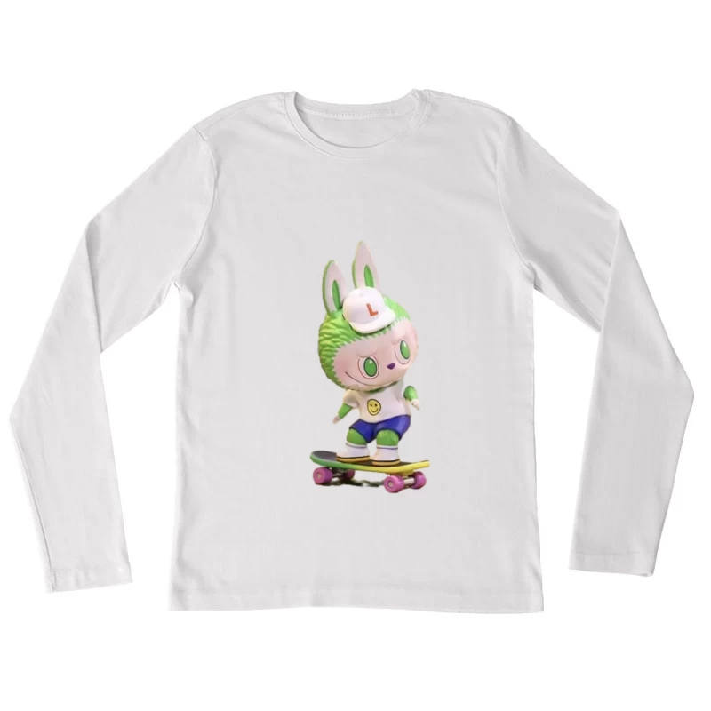 Grüne Häschenfigur auf Skateboard Damen Langarm T-Shirt