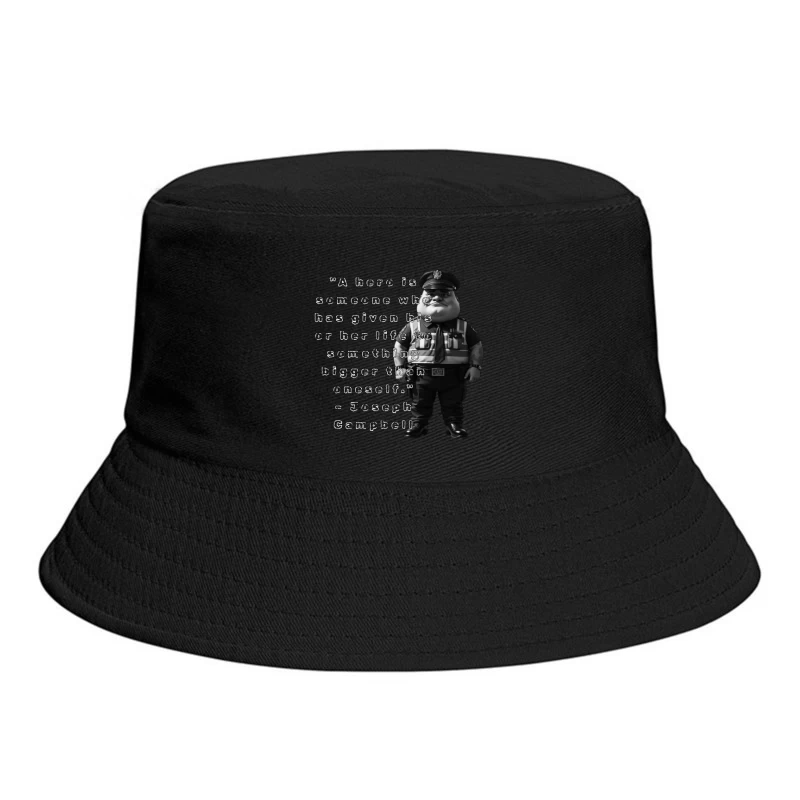 Police Officer Cartoon with Heroic Service Quote Bucket Hat