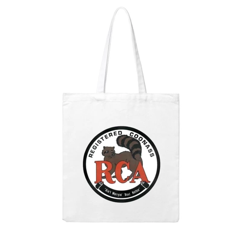 Registered Coonass RCA Logo with Raccoon Mascot and Humorous Slogan Cotton Tote Bag