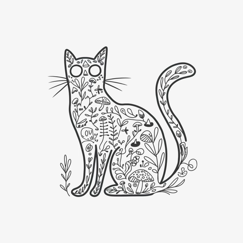 Whimsical Cat Illustration with Nature-Inspired Patterns Female Pullover Sweatshirt