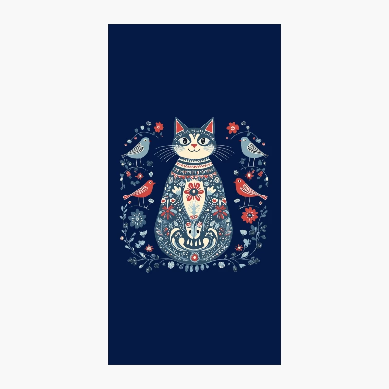 Whimsical Folk Art Cat with Floral Patterns and Birds iPhone Case