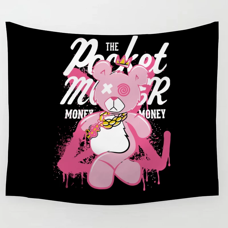 Playful Pink Bear with Graffiti Style and Crown Tapestry