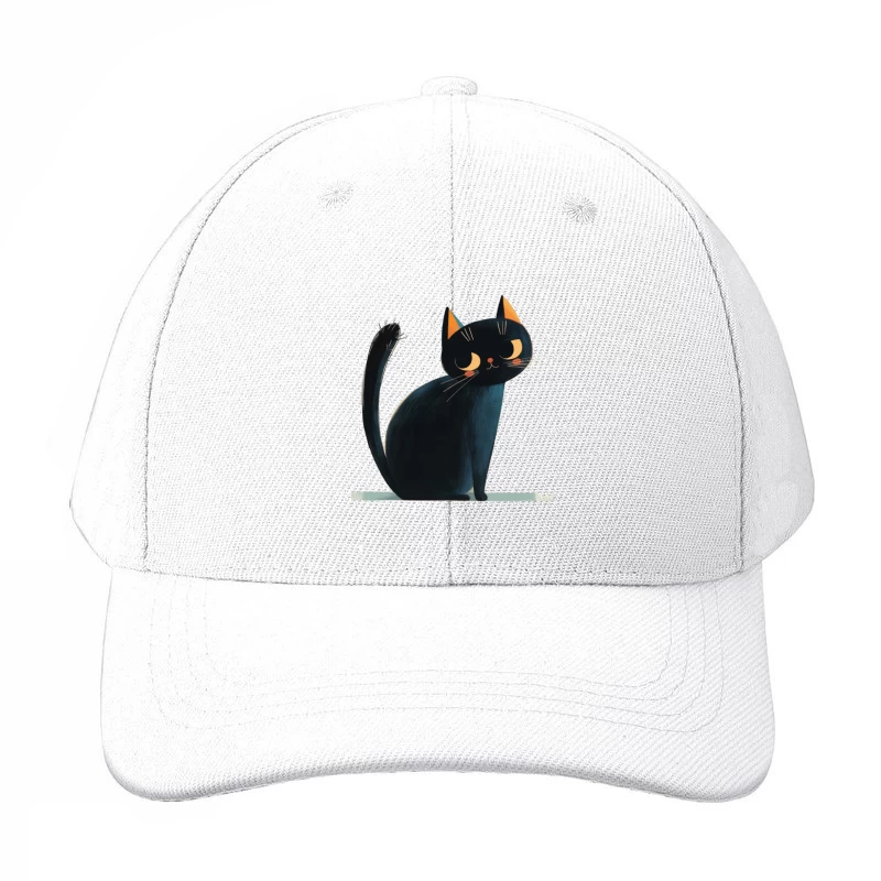 Adorable Black Cat Cartoon Illustration with Orange Ears Baseball Cap