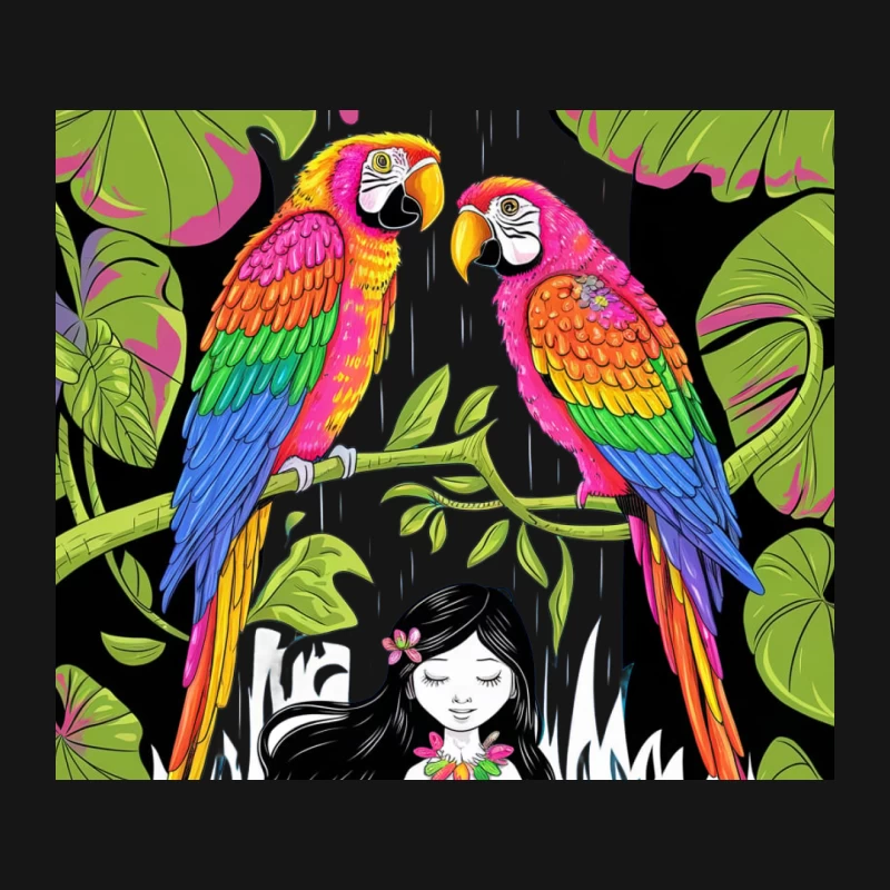 Tropical Fantasy: Colorful Parrots and Jungle Illustration Mouse Pad
