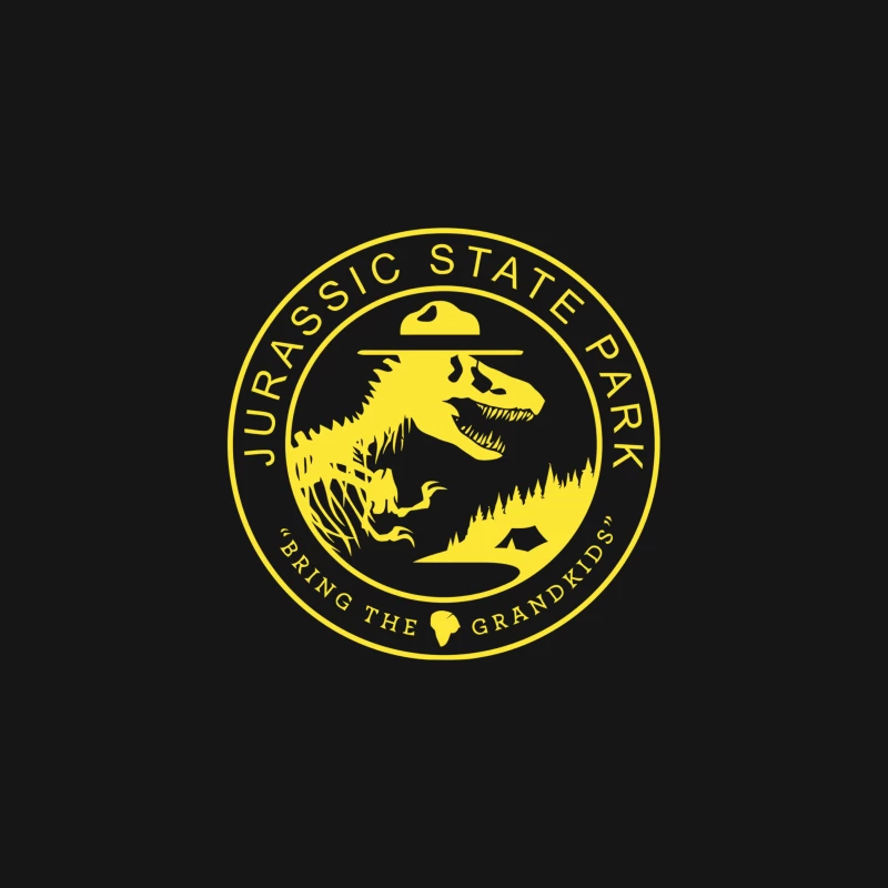 Jurassic State Park: Yellow Circular Emblem with T-Rex and Ranger Hat Desk Mat