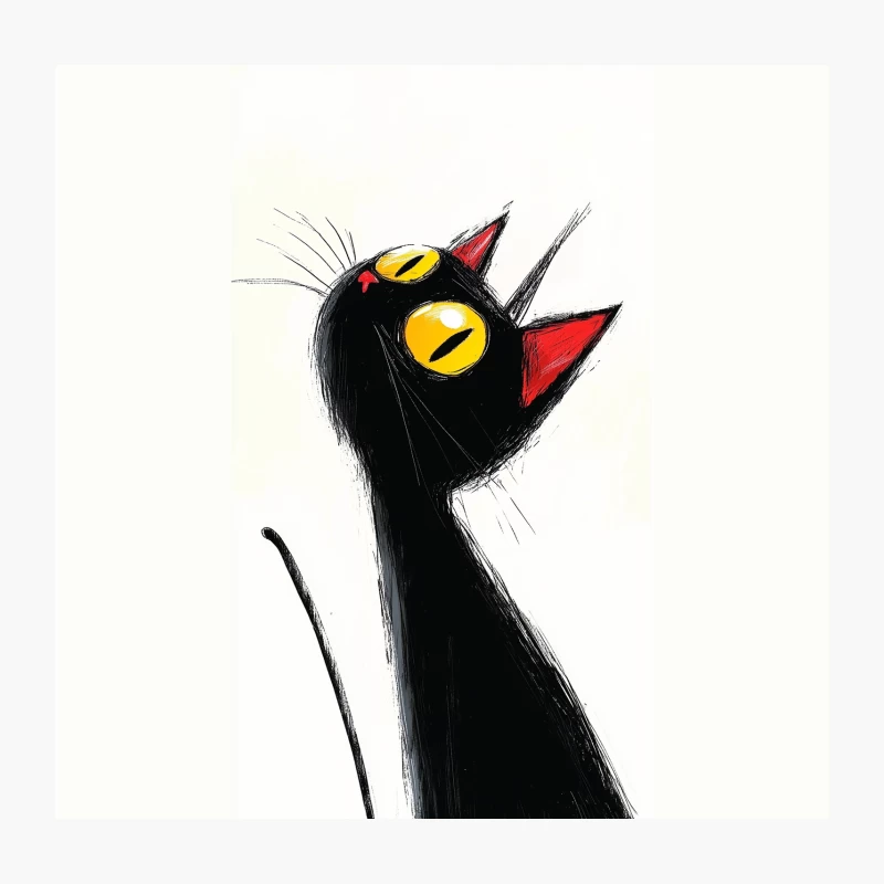 Stylized Black Cat with Yellow Eyes: Minimalist Cartoon Illustration Throw Pillow