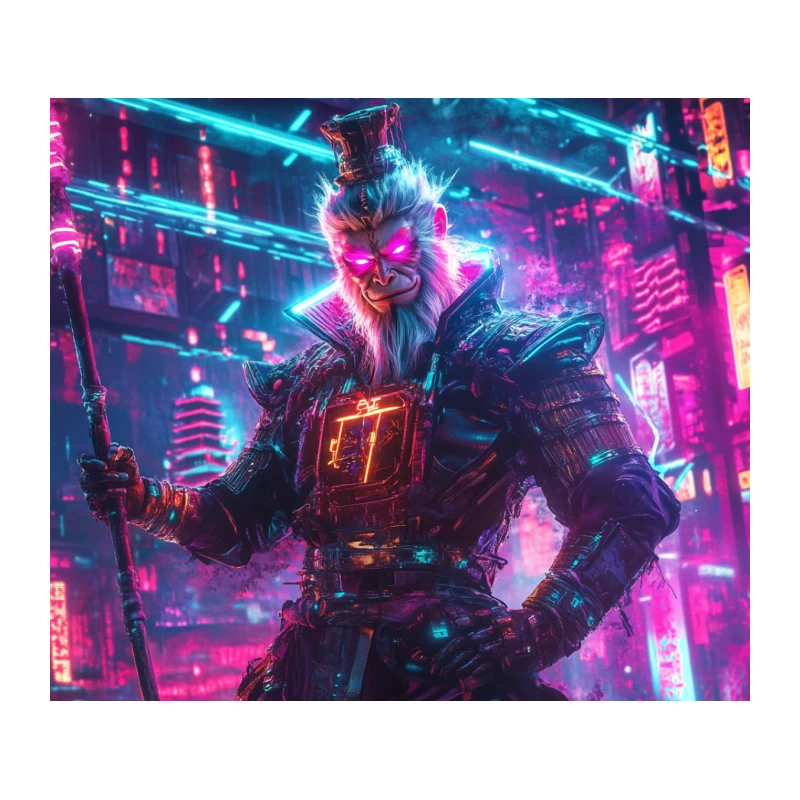 Cyberpunk Samurai Warrior in Neon-Lit Futuristic City Tapestry