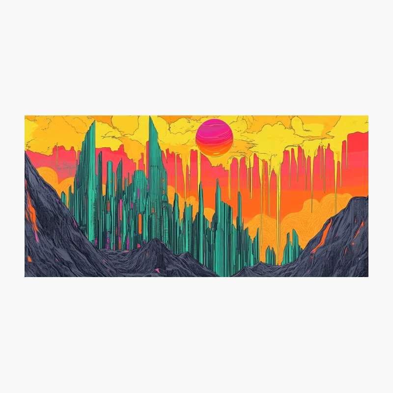Psychedelic Neon Cityscape: Surreal Mountain Reflections at Vibrant Sunset Coffee Mug