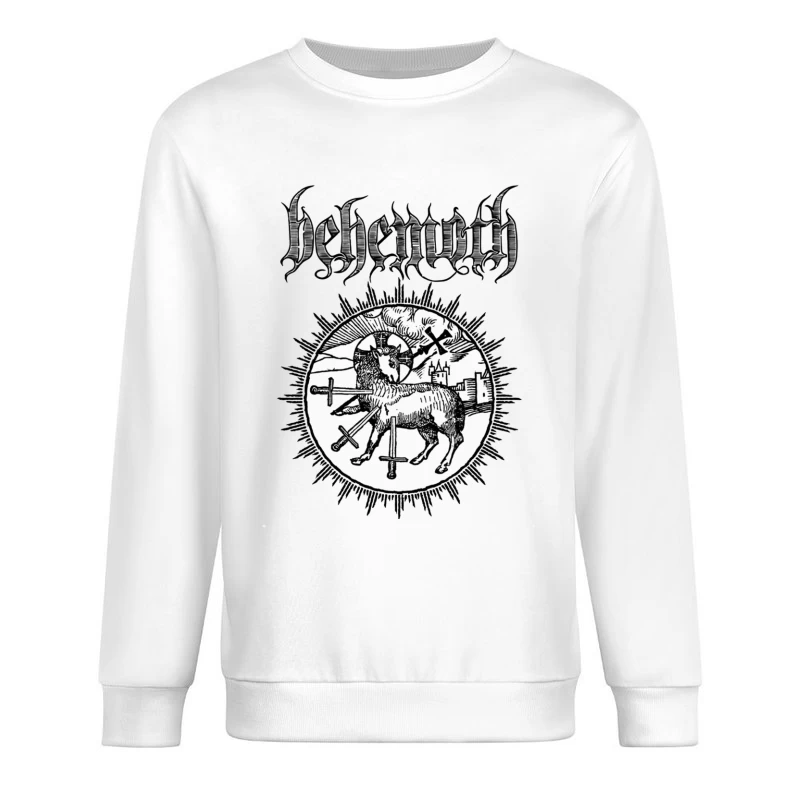 Occult Black Metal Logo with Medieval Lamb and Swords Male Pullover Sweatshirt